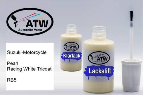 Suzuki-Motorcycle, Pearl Racing White Tricoat, RB5: 20ml Lackstift + 20ml Klarlack - Set, von ATW Autoteile West.